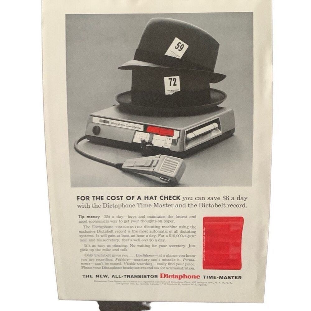 Vintage 1959 Dictaphone All New Cost of a Hat Check Ad Advertisement